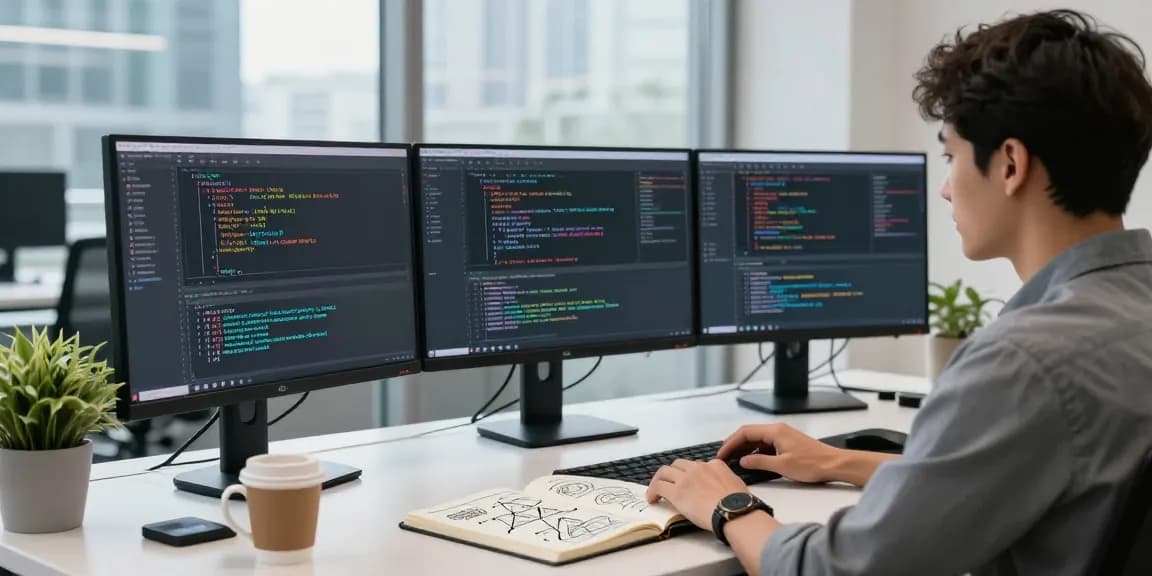 Software engineer coding large language models in a modern office with three monitors and vibrant city view.