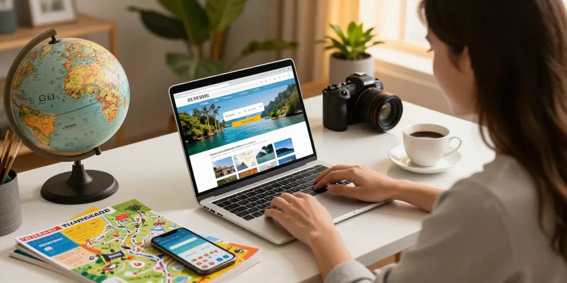 Exciting travel planning scene with Motchill, showcasing destination browsing and travel guides.