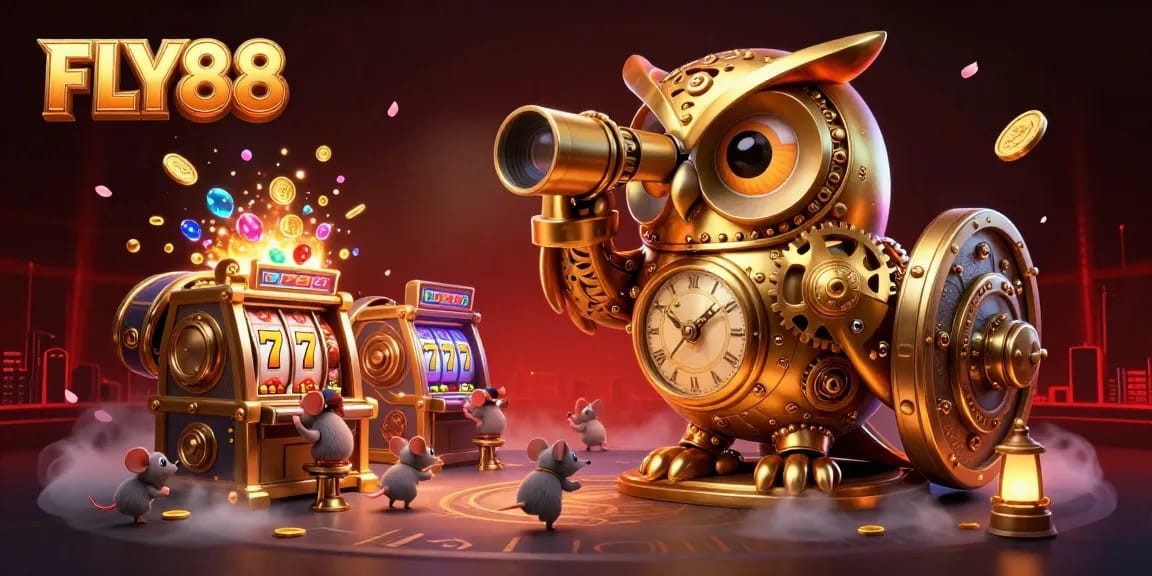 Experience thrilling casino gameplay with FLY88 showcasing a vibrant golden owl and dynamic slot machines.