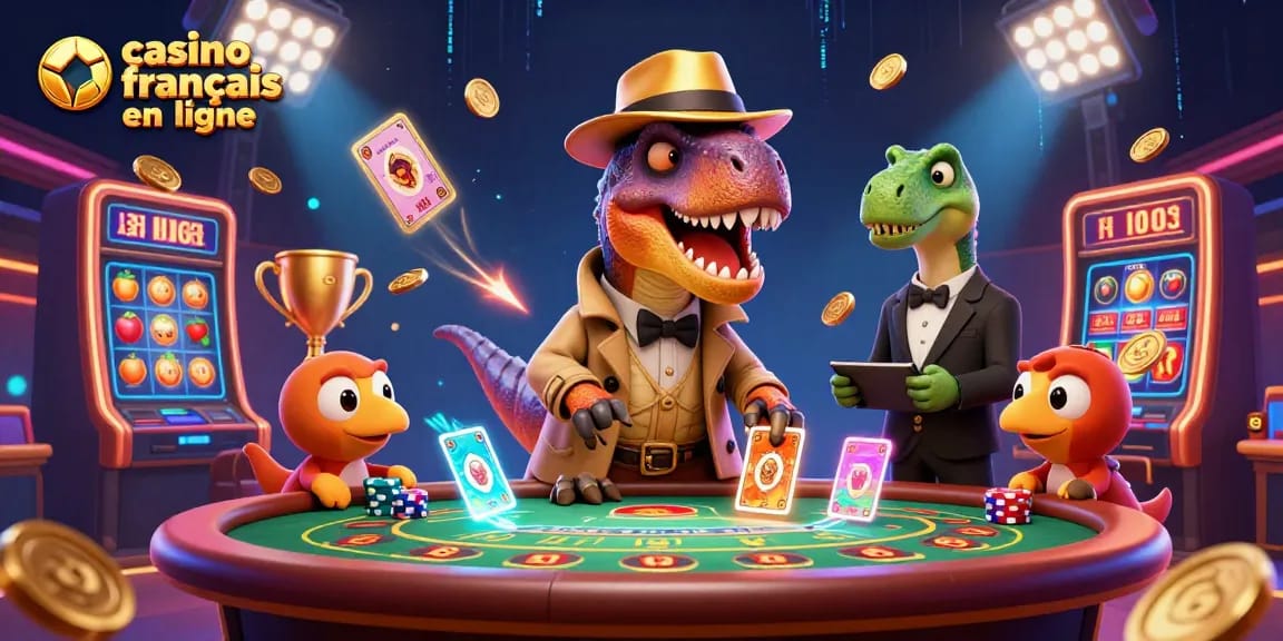 Jouez aux jeux de casino en ligne avec des personnages dynamiques sur une illustration de casino français en ligne.