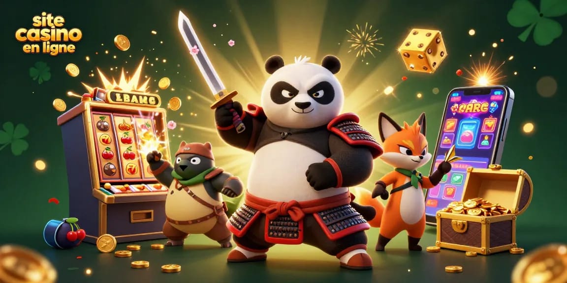 Jouez sur un site casino en ligne avec un samouraï panda et un renard ninja au milieu de symboles de jackpot.