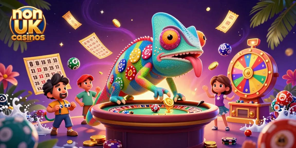 Engage with non UK casinos featuring a colorful chameleon owner surrounded by exciting gaming elements.