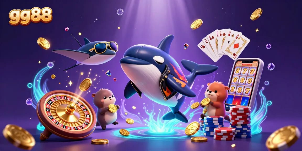 Experience thrilling gaming at gg88 with an orca, stingray, and sea otters surrounded by coins and casino elements.