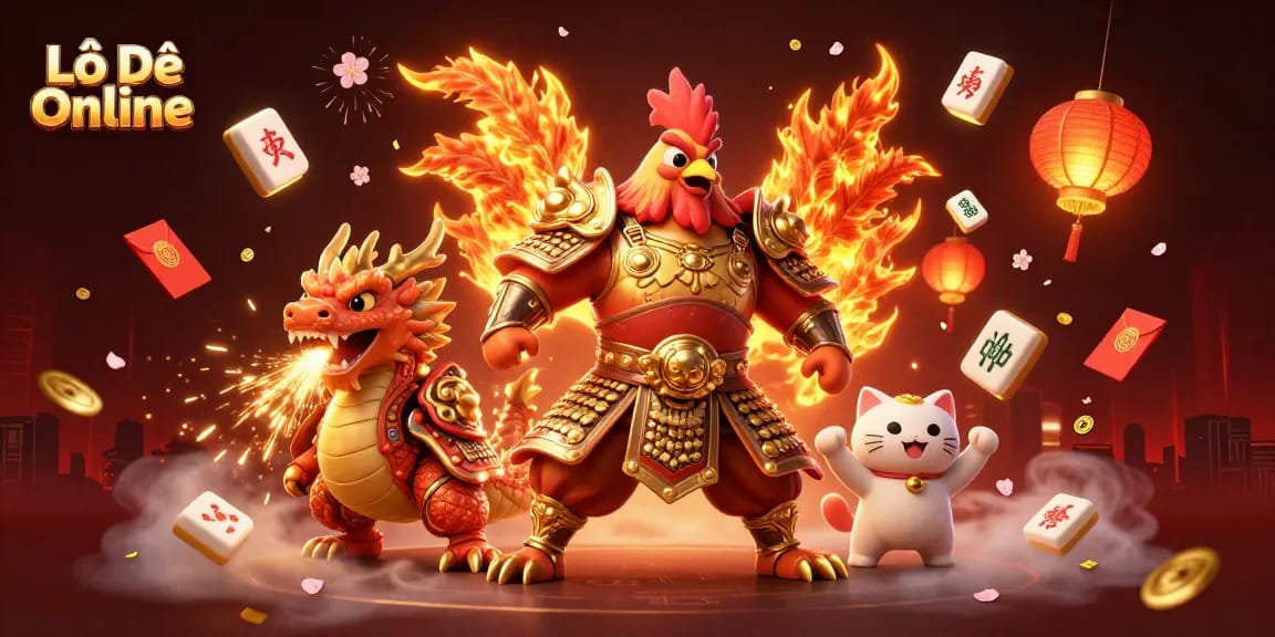Lô Đề Online features a dynamic scene with cartoon warriors and gambling elements, capturing a vibrant casino atmosphere.
