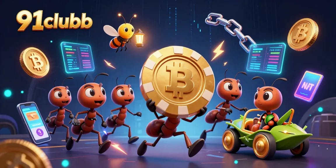 Engage with 91clubb as ants stage a daring heist with golden poker chips and crypto coins.