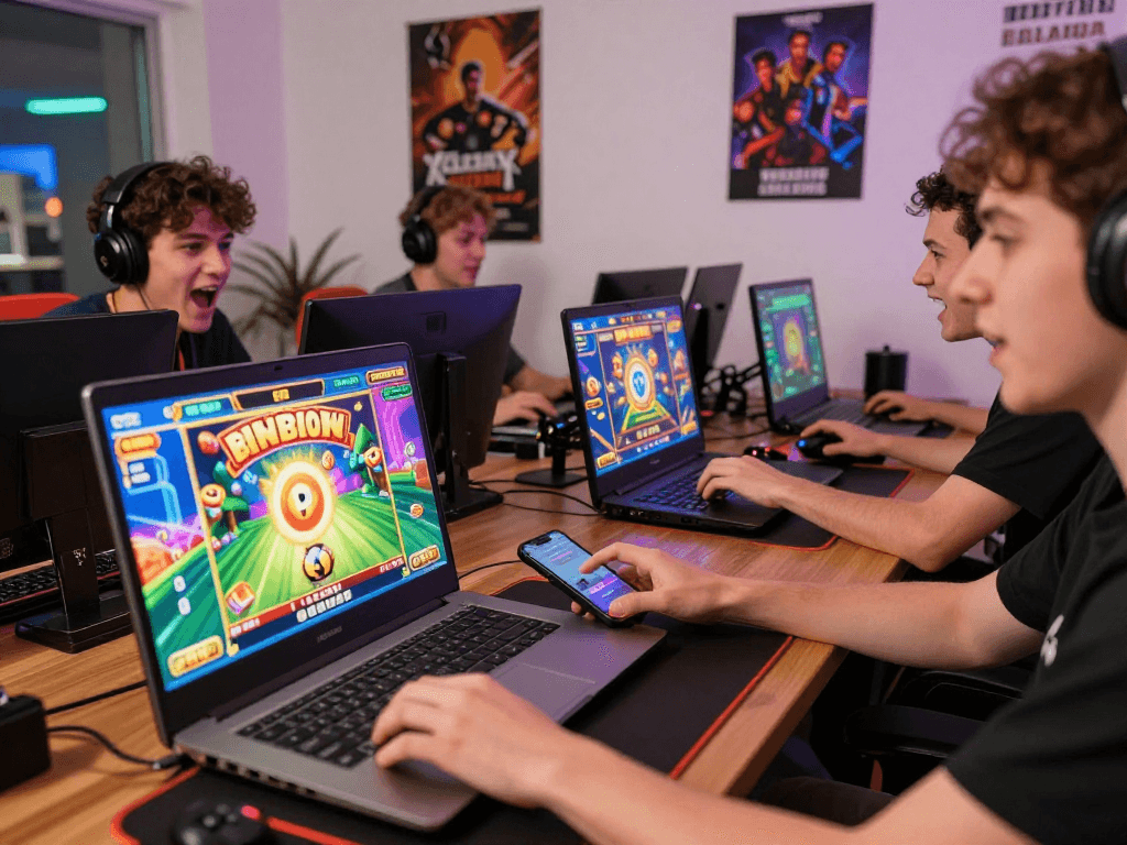 Players enjoying gacor online slot games in a vibrant gaming setup.