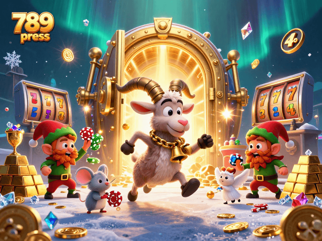 Play dazzling games at 789win press with 3D casino scene featuring Krampus and festive elements.