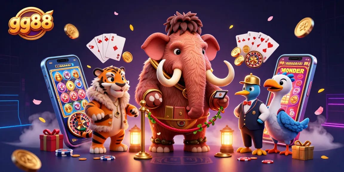 Experience exciting gameplay at gg88 with a vibrant 3D casino scene featuring colorful slot games and engaging characters.