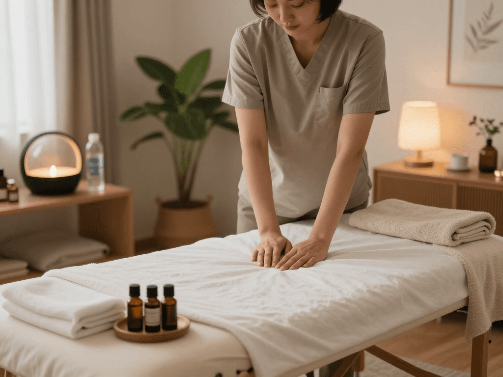 신촌출장안마 session setup with a professional therapist preparing a relaxing home environment.