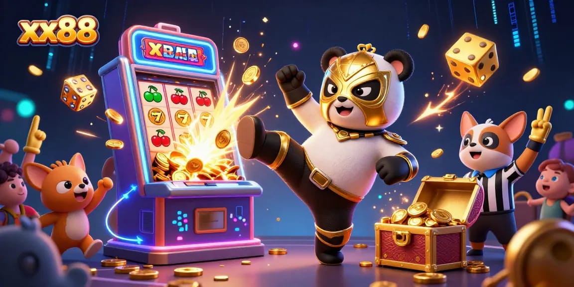 Experience the thrill of xx88 with an energetic scene of a panda wrestler kicking through a dazzling casino.