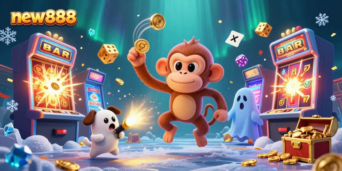 Experience the thrilling casino action with new888 in this vibrant 3D illustration of a lively online gaming environment.