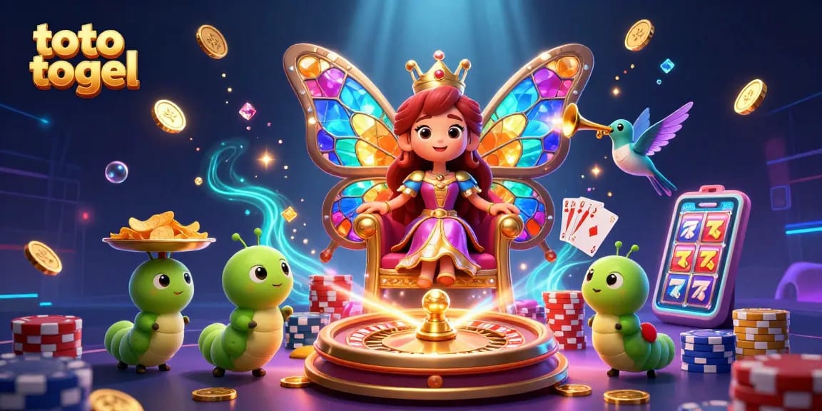 Experience the thrill of toto togel with dazzling 3D characters and vibrant casino elements in a magical scene.