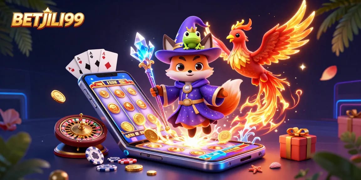 Experience thrills with BETJILI99's enchanting casino gaming scene featuring a fox wizard and phoenix.