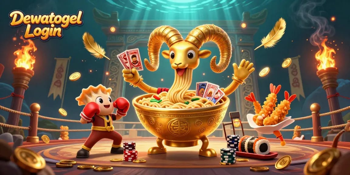 Dewatogel Login scene showcasing a 3D cartoon ramen bowl dealing cards in a vibrant casino