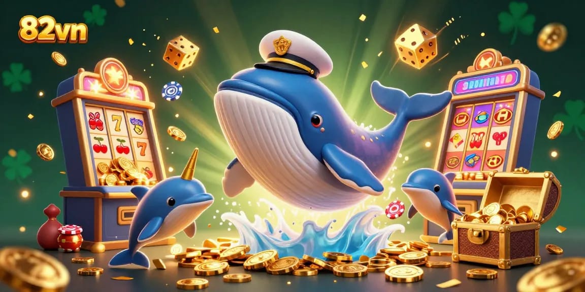 Engage in thrilling 82vn gaming experiences with a vibrant visual showcasing whales, dolphins, and slot machines.