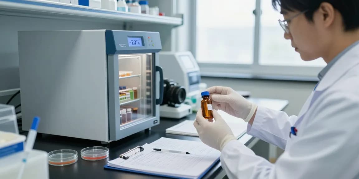 Lab technician managing lyophilisation peptides at -20 °C for optimal storage.