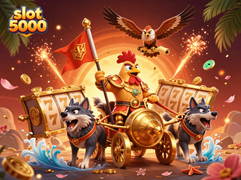 Engage with thrilling slot 5000 action featuring a rooster warlord and golden symbols, celebrating victory.