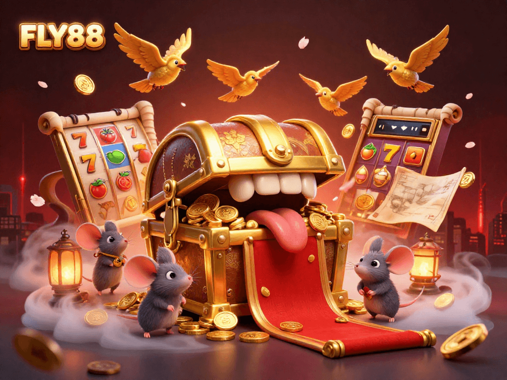 Engage in thrilling gameplay at FLY88 with captivating 3D treasure illustrations and vibrant casino elements.