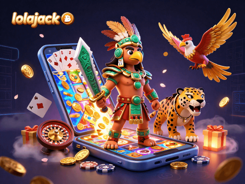 Engage with the vibrant world of lolajack bitcoin featuring dynamic scenes of Aztec warriors and thrilling casino elements.