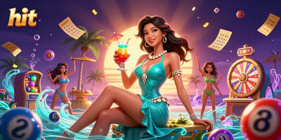 Hit the jackpot at a tropical beach casino with vibrant lottery balls and golden prizes.