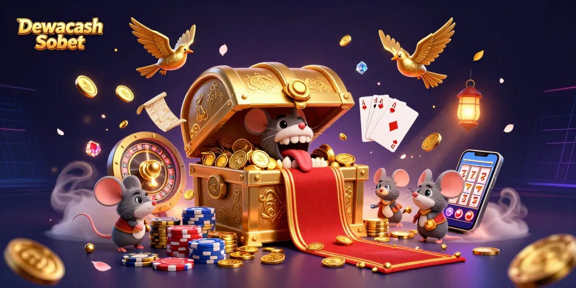 Dewacash Sbobet showcases a vibrant 3D illustration of a treasure chest attracting adventurer mice amidst dynamic casino elements.