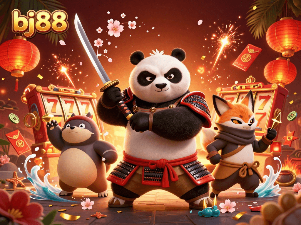 Bj88 captivates players with a thrilling illustration of a samurai panda in action, surrounded by slot game motifs.