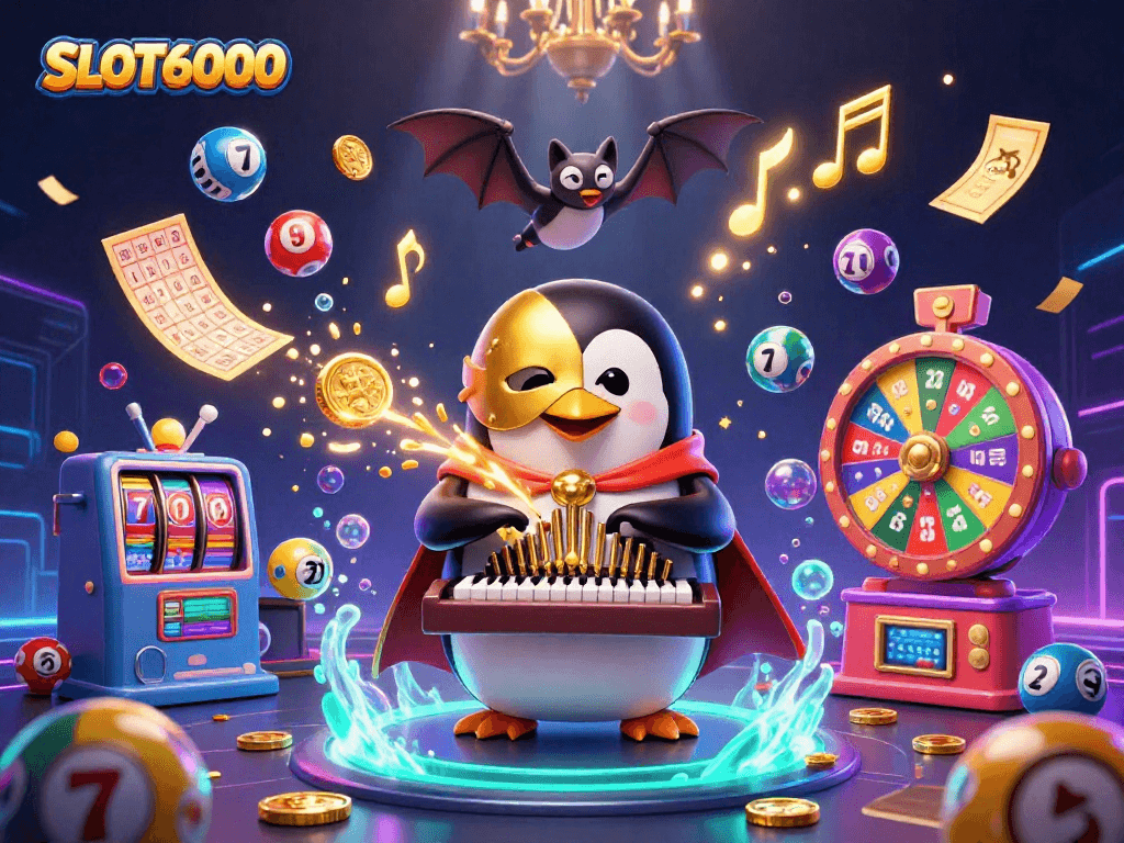 SLOT6000 gaming scene featuring a cartoon penguin playing an organ shooting coins, with dynamic lottery elements.