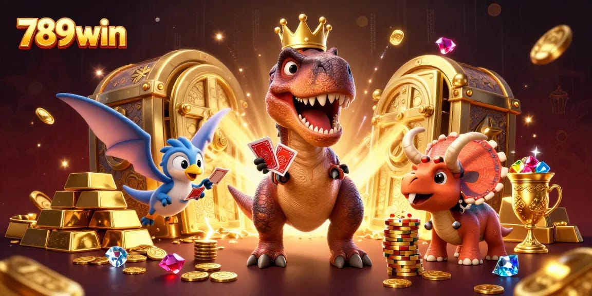 Spin and shuffle cards with 789win's T-Rex, stacks of golden chips, and treasure