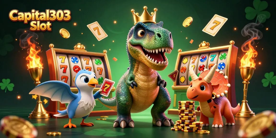 Spin the reels for big wins with Capital303 Slot featuring playful dinosaurs in a vibrant casino