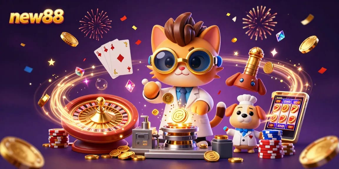 Play exciting casino games at new88 featuring a mad scientist cat and his loyal dog amidst gold coins and vibrant slot action.