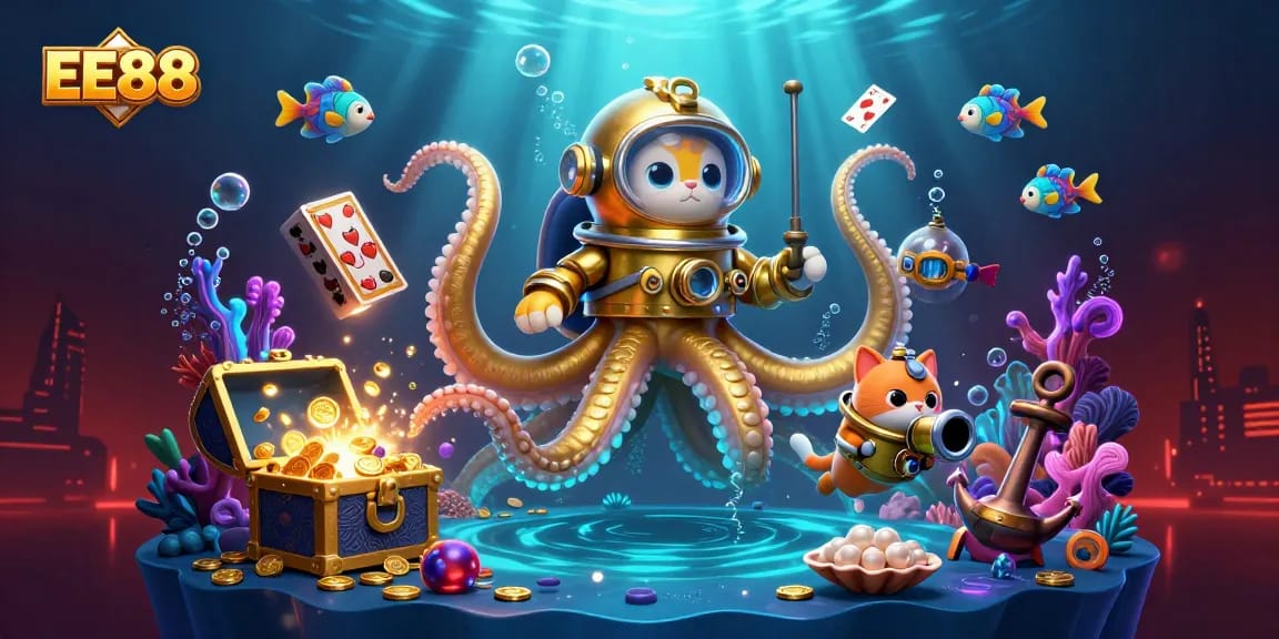 Experience thrilling gaming at EE88 with a vibrant underwater treasure scene featuring a kraken and a diving cat.