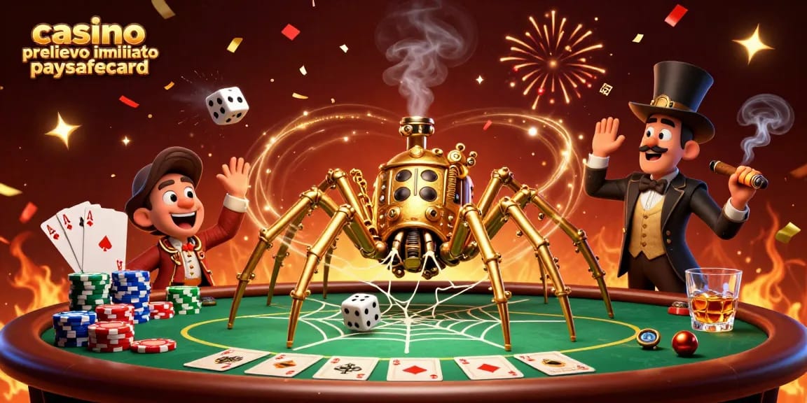 Immagine creativa di un casinò con prelievo immediato paysafecard e una ragnatela dorata di fiches da gioco.