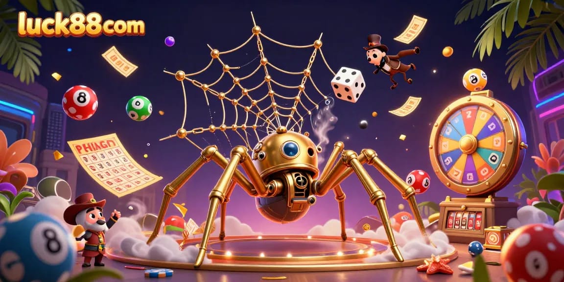 Engage with luck88com's thrilling online casino scene featuring a golden spider and dynamic gambling elements.