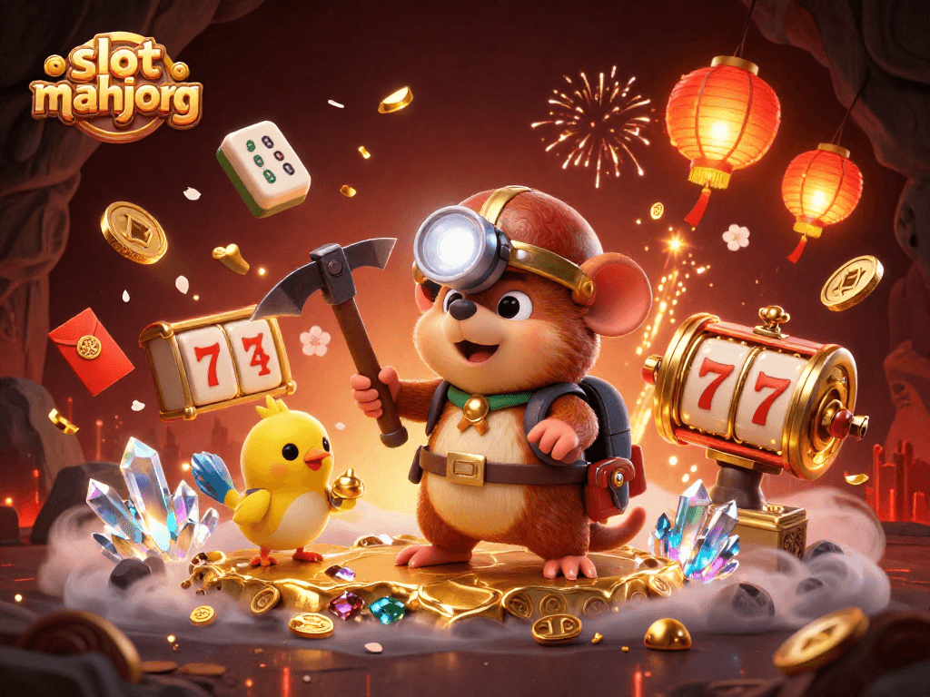 Play slot mahjong with vibrant characters and atmosphere, featuring a treasure hunter and dynamic game elements.