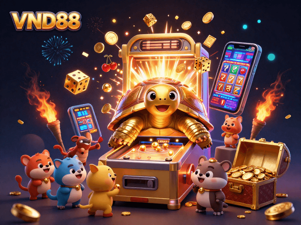 Spin the reels at VND88 in this vibrant 3D illustration packed with coins, games, and thrilling casino action.