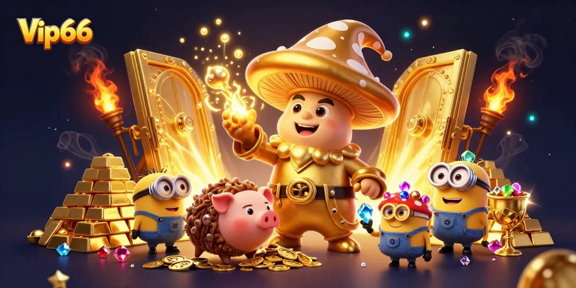 Experience the magic of Vip66 with vibrant characters and gold treasures in an exciting casino adventure.