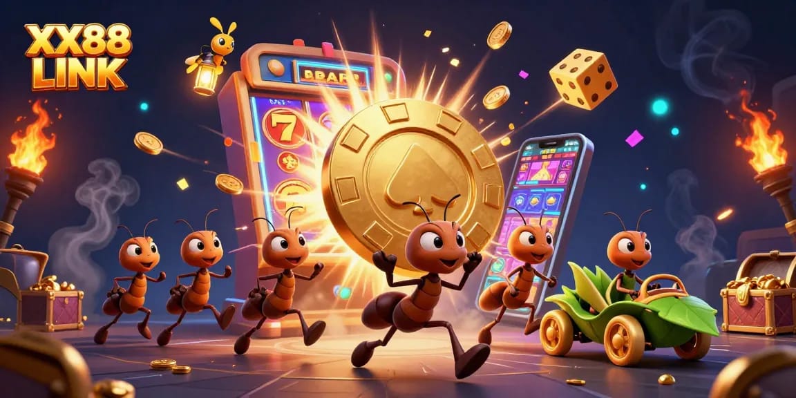 Engage with the vibrant scene of animated ants executing a heist featuring the XX88 LINK casino theme.