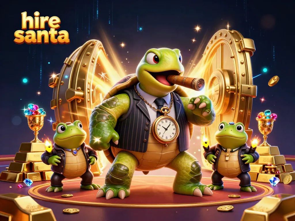 Hire Santa by engaging with festive casino characters and vibrant gold elements in a dynamic scene.
