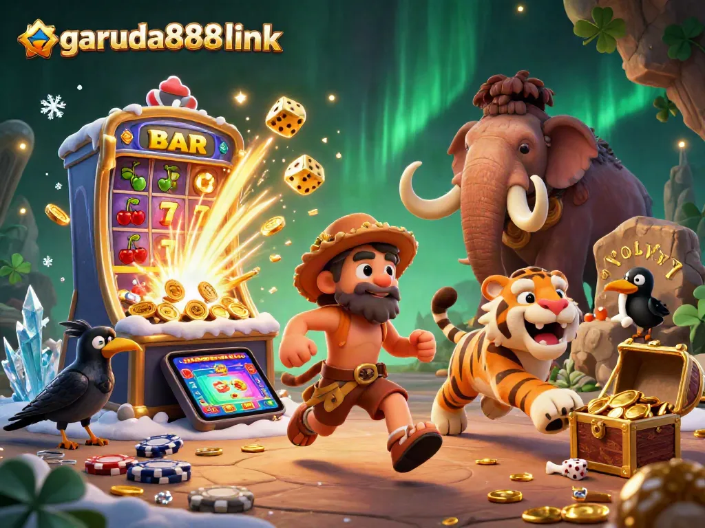 Spin to win with garuda888link as prehistoric characters manage a thrilling casino scene amid sparks and dynamic action.
