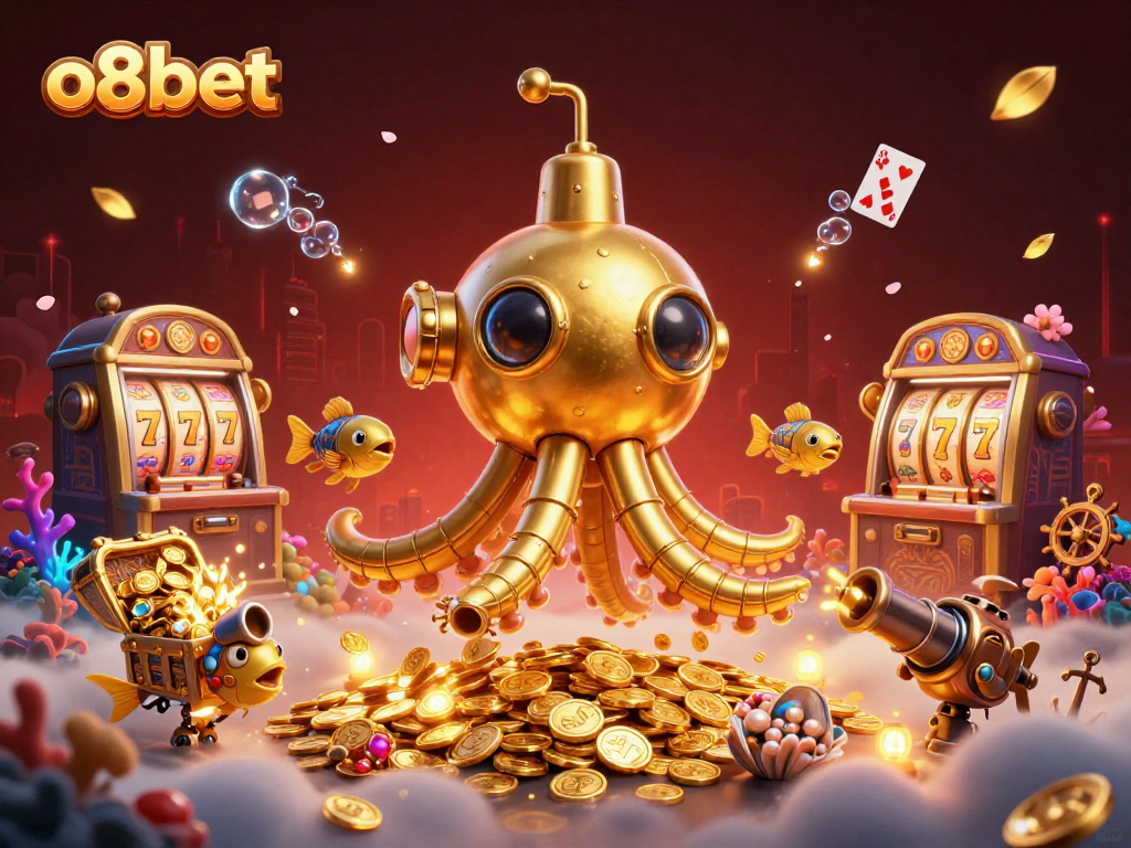 o8bet's thrilling underwater casino scene with a golden kraken and flying slot reels.