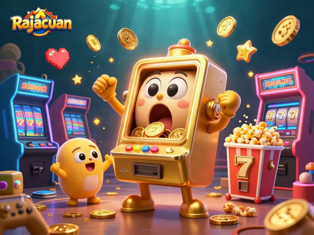 Rajacuan slot machine celebrates a jackpot with coins showering, surrounded by arcade excitement.