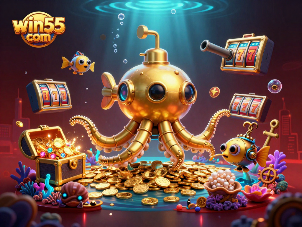 Experience the excitement of win55 com with vibrant underwater treasure and gold coins.