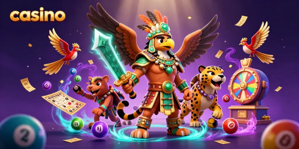 Experience thrilling casino action with our vibrant 3D Aztec warriors and exciting game elements.