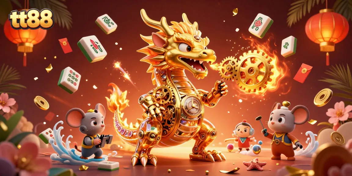 Experience the excitement of tt88 with a golden dragon and festive elements in this vibrant casino illustration.