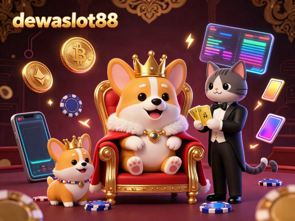 dewaslot88 menghadirkan pertunjukan kasino mewah dengan corgi raja dan kucing pelayan dalam suasana meriah.