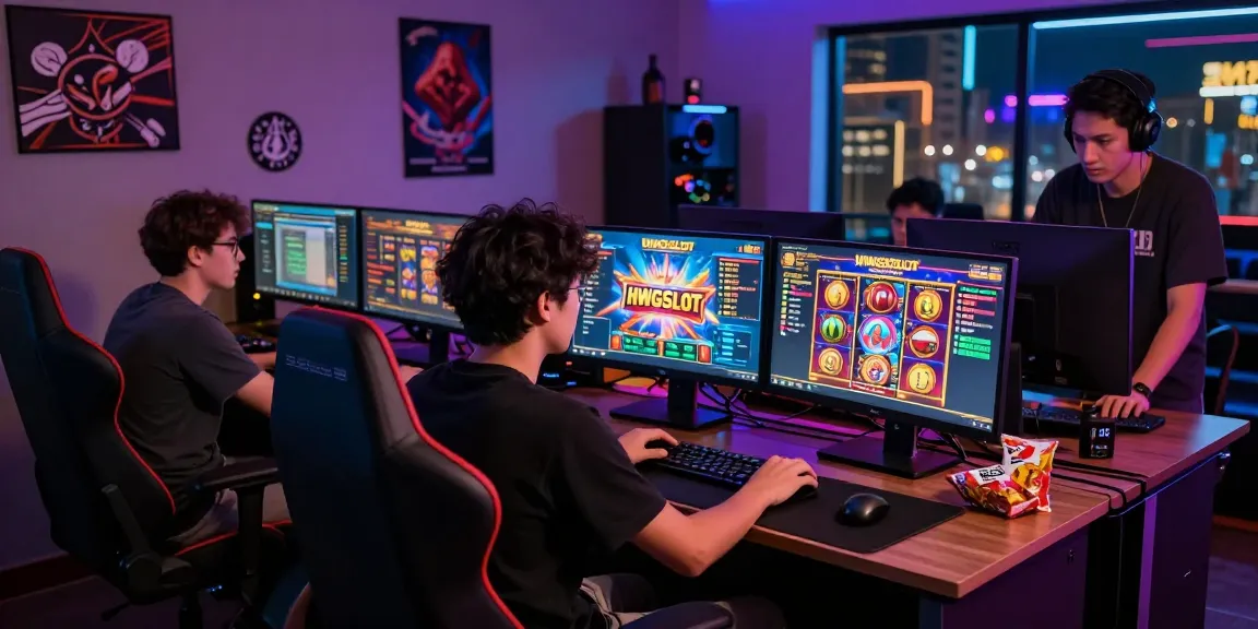 Exciting HWGSLOT gaming scene with players enjoying vibrant slot games in a modern setup.