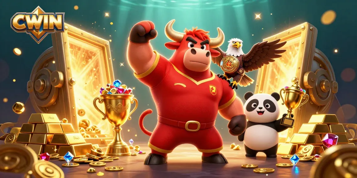 CWIN features a muscular bull mascot in a victory pose, surrounded by casino treasures and animated elements.