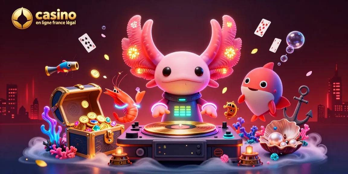 Jouer au casino en ligne légal en France avec un DJ axolotl et des crevettes dans une scène animée.