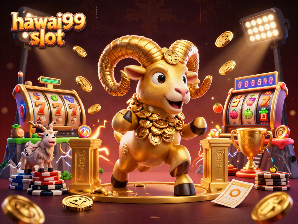 Engaging with the hawai99 slot, a golden ram charges through a vibrant casino scene.