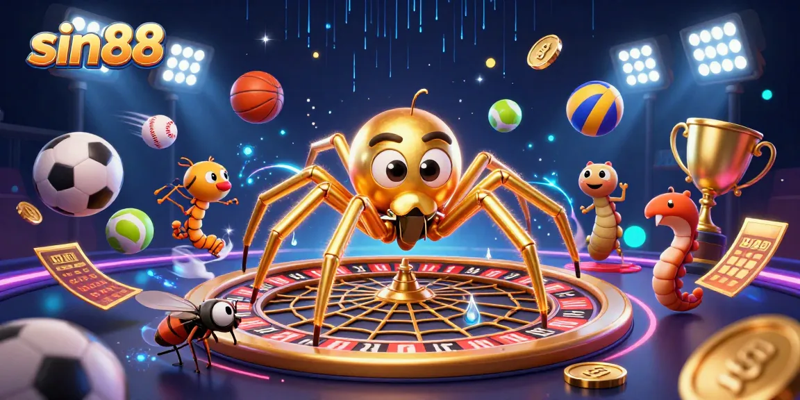 Engage in thrilling bets at sin88 amid a vibrant 3D casino scene featuring a spider and a centipede croupier.